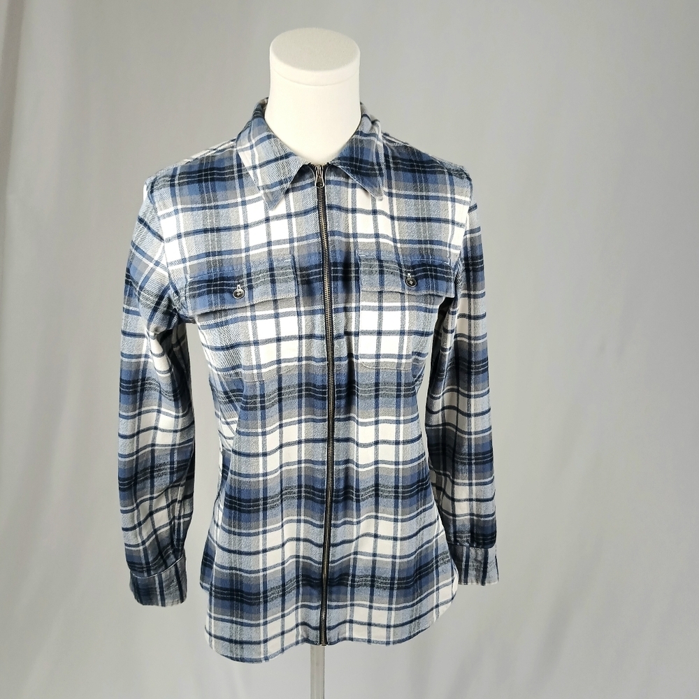 Chaps Blue and White Plaid Zip-Front Shirt S